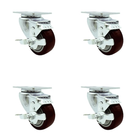 3.5 Inch Maroon Polyurethane Wheel Swivel Top Plate Caster Set With Brake SCC